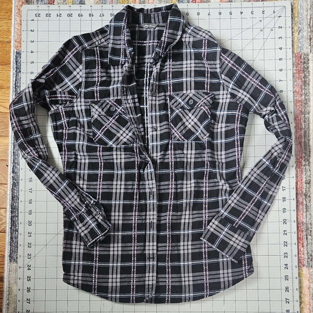 Eddie Bauer Black and White Plaid Button-Up Shirt